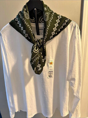 Sonoma Long Sleeve Cotton Top in White & Green XXL NWT scarf free with shirt!